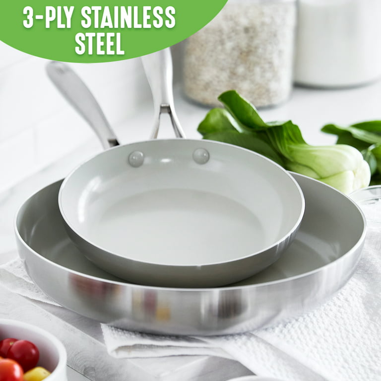 GreenLife Tri-Ply Stainless Steel Healthy Ceramic Nonstick, 8 and 11 Frying  Pan Skillet Set, PFAS-Free, Multi Clad, Induction, Dishwasher Safe, Oven  Safe, Silver 