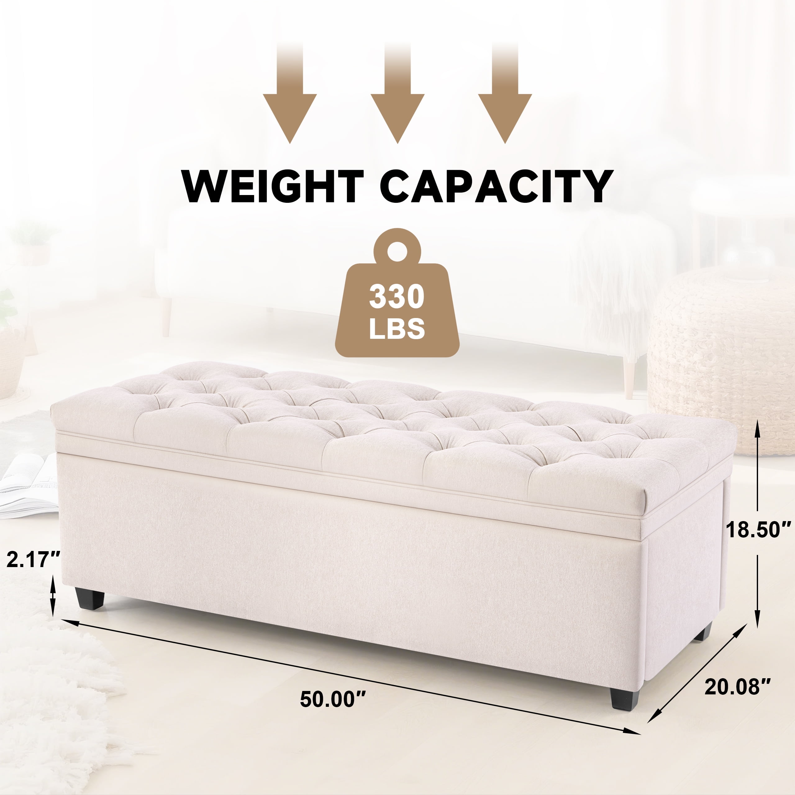 Weture 50-Inch Tufted Storage Ottoman Bench, Large Modern Entryway Bedroom Bench, Beige