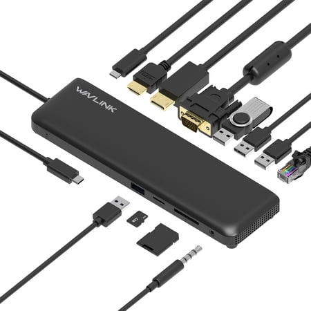 Wavlink USB C 12-in-1 Hub/ Docking Station, Triple Display Type-C Adapter with HDMI, Display Port and VGA, PD3.0 Charging, Ethernet, MicroSD and SD Card Reader, USB ports, for Windows / Mac and more