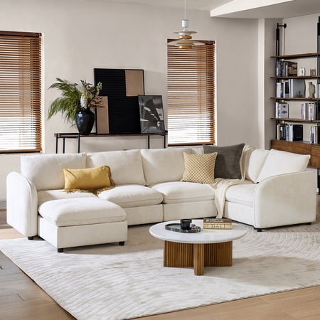 102" Modular Sectional Sofa 6-Seater Fabric Wide-Seat Couch with Storage and Curved Armrest for Living Room Ivory