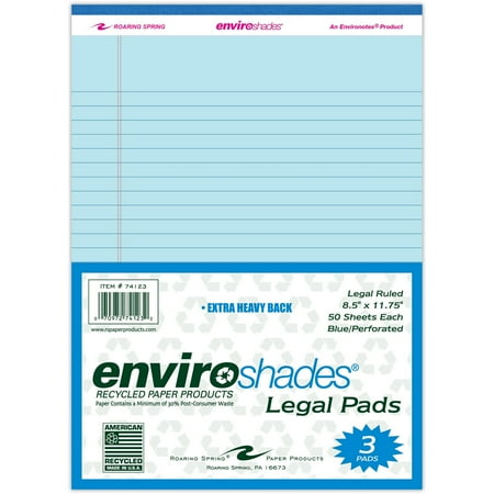 Enviroshades Recycled Blue Legal Pads, 8.5in x 11in, Blue, 50 Pages, 3 Count