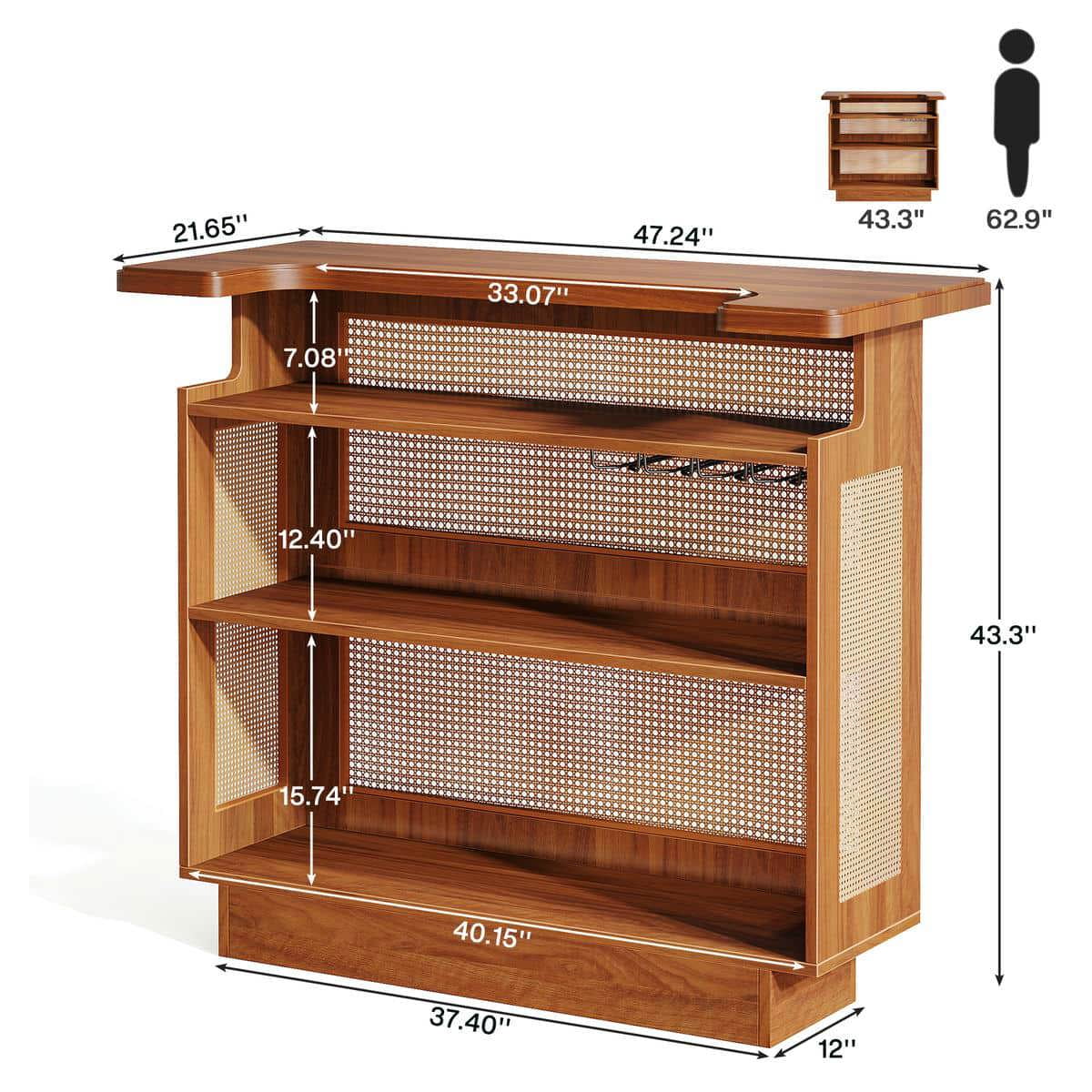Yardi Yarda Natural Bar Cabinet with Rattan Accents and Wood Construction, Multi-Functional Bar Cabinet with Storage for Indoor, Brown