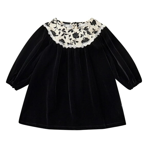 Odeerbi Kids Girls Cute Lace Floral Velvet Princess Dress 2-8 Years Children's Round Neck Long Sleeve Cotton Dress Kids Girls Clothes