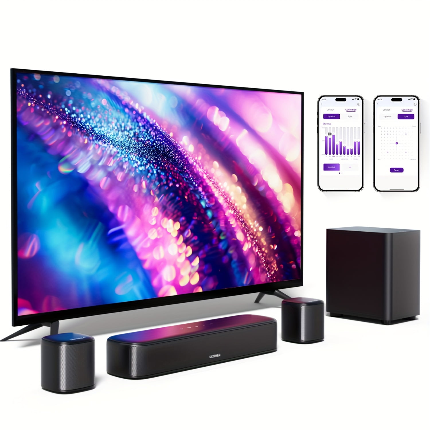 Smart TV Sound Bar with App Control, Virtual Surround System, Wired Subwoofer & Speakers, Optical/AUX for Home Theater