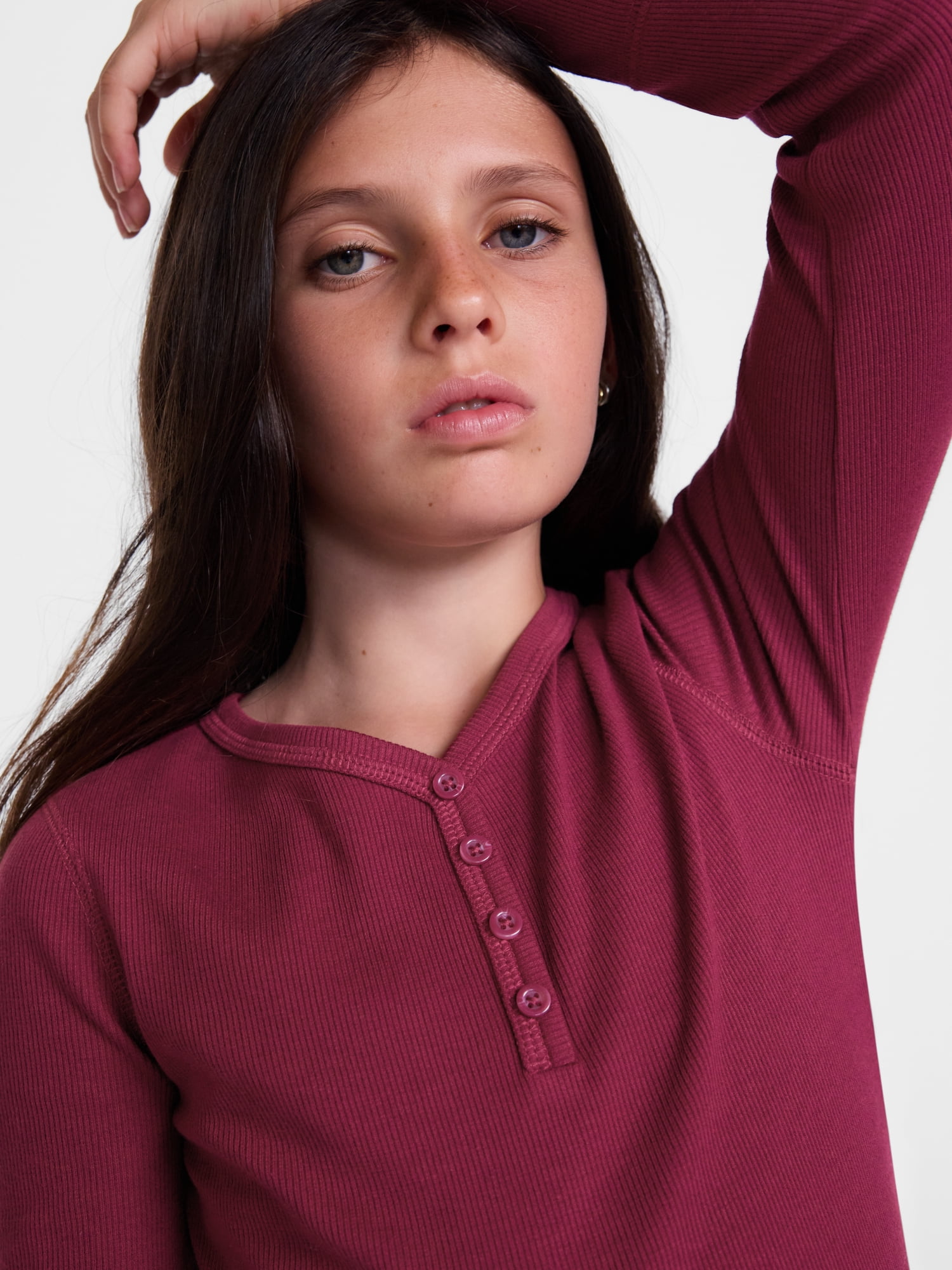 Weekend Academy Girls Ribbed Henley Top with Long Sleeves, Sizes 4-18