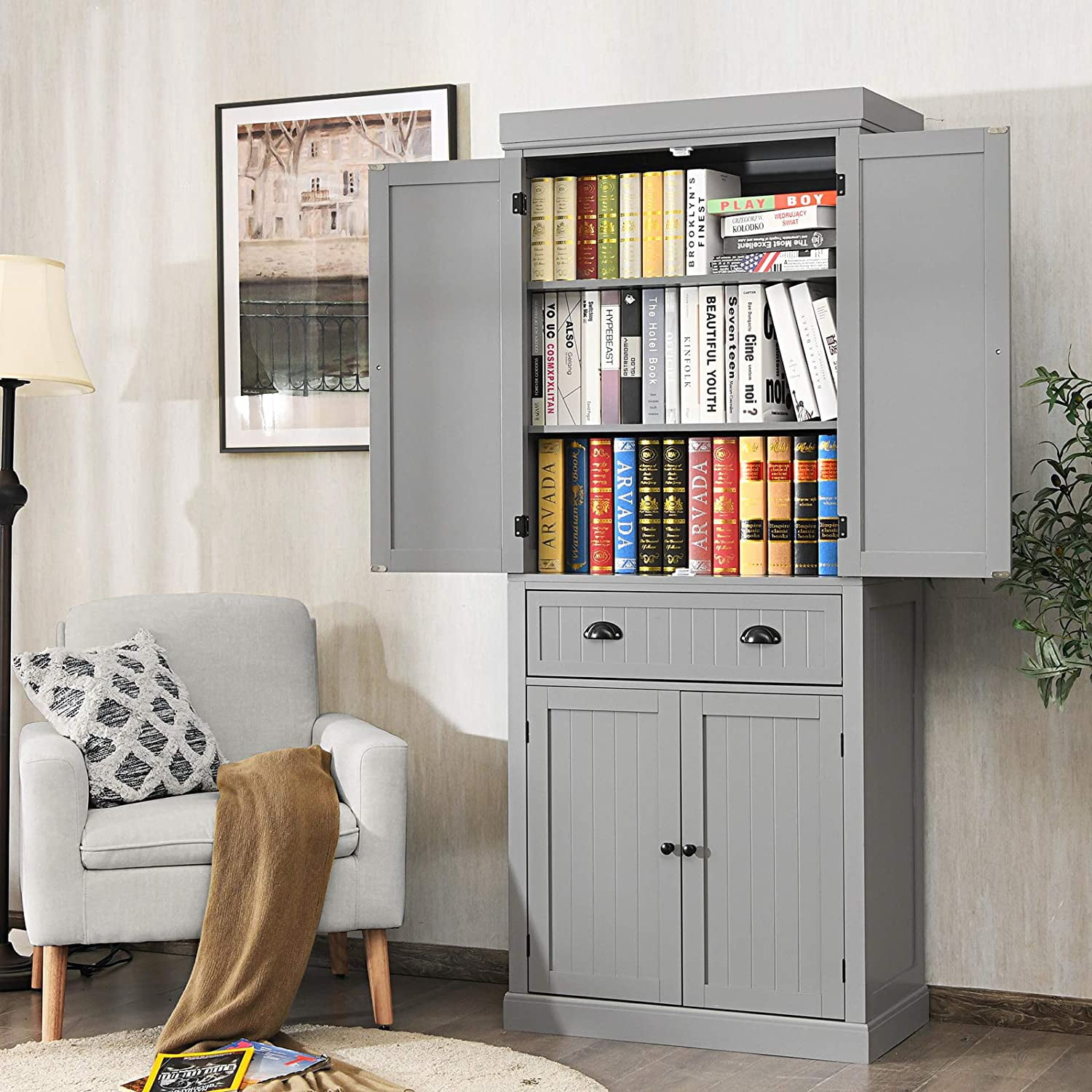 Traditional Kitchen Pantry Cabinet, Kitchen Cupboard with Double-Doors, Large Drawer and Adjustable Shelves for Dining Room, Bathroom