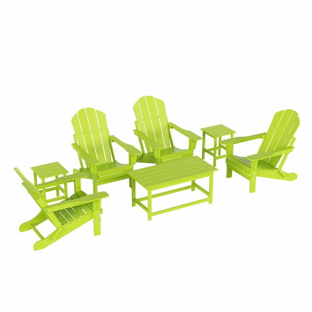 WestinTrends Malibu 7-Pieces Outdoor Patio Furniture Set, All Weather Outdoor Seating Plastic Adirondack Chair Set of 4, Coffee Table and 2 Side Table, Lime