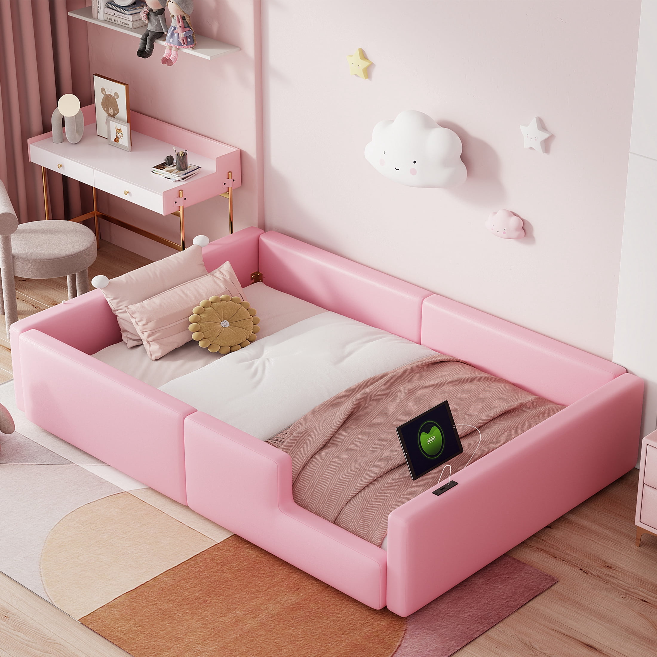 Noble House Twin Upholstered Platform Bed, PU Leather Frame with Charging Station and Guardrail, Space Saving, Pink