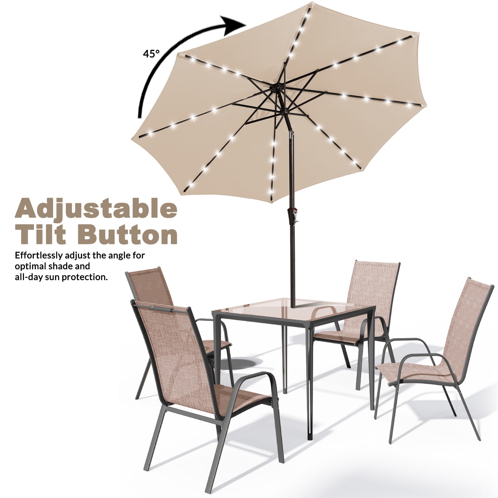 FUNDAZE 9FT Solar 32 LED Patio Umbrella w/ Tilt & Crank, 8 Sturdy Ribs, UV Protection Solution-Dyed Fabric, for Garden, Backyard, Deck & Patio, Beige