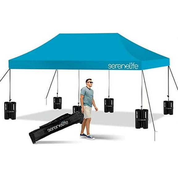 SereneLife Pop Commercial Instant Shelter-Waterproof Polyester Tent W/ Wheeled Sandbag, (Sky Blue)