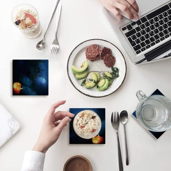 FMSHPON Happy Halloween Pumpkin And Castle Theme Set of 4 Coaster for Drinks, Absorbent Ceramic Stone Coasters Cup Mat with Cork Base for Home Kitchen Room Coffee Table Bar Decor