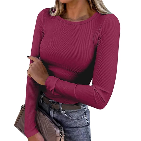 Essential Base Layer Womens Long Sleeve T-Shirt Ribbed Fitted Round Neck Stretch Undershirt Top for Fall Winter Outfit