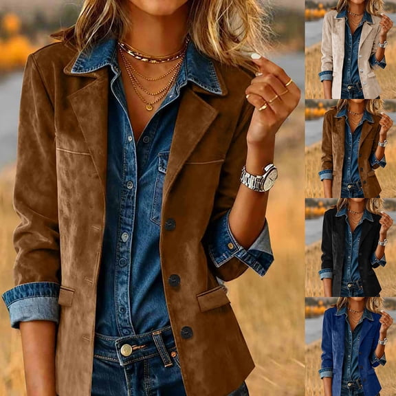 AHTJRT Suede Jacket for Women Notched Collar Long Sleeve Single Breasted Button Down Western Cowboy Style Outerwear Coats with Pockets Black L