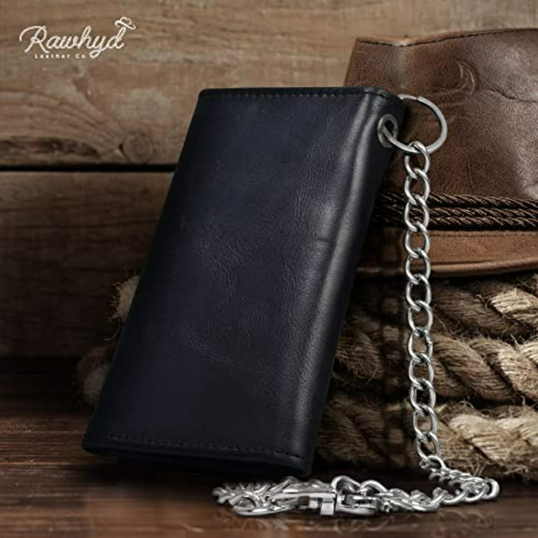 Black Chain Wallets for Men (6.7”) – Trifold Biker Wallets for Men with Chain – 100% Leather Long Wallet for Men - Leather Chain Wallet w/ 12 Credit