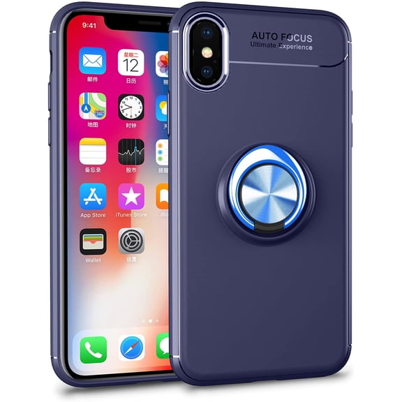 iPhone Xs Case,360 Degree Rotation Invisible Metal Ring Kickstand Protective Case Compatible Magnetic Car Mount Soft TPU Case Shockproof Anti-Scratch Ultra-Slim Cover,Blue
