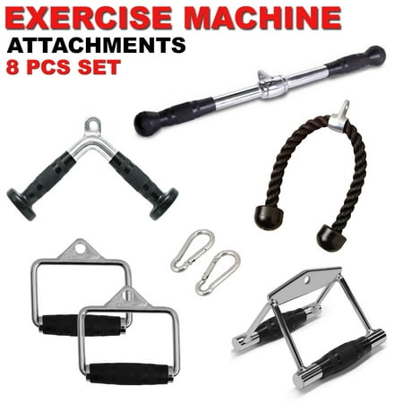 Fitness Maniac Home Gym Cable Attachment Handle Machine Strength Exercise Chrome PressDown Rubber Double D Row 8-Piece Bundle