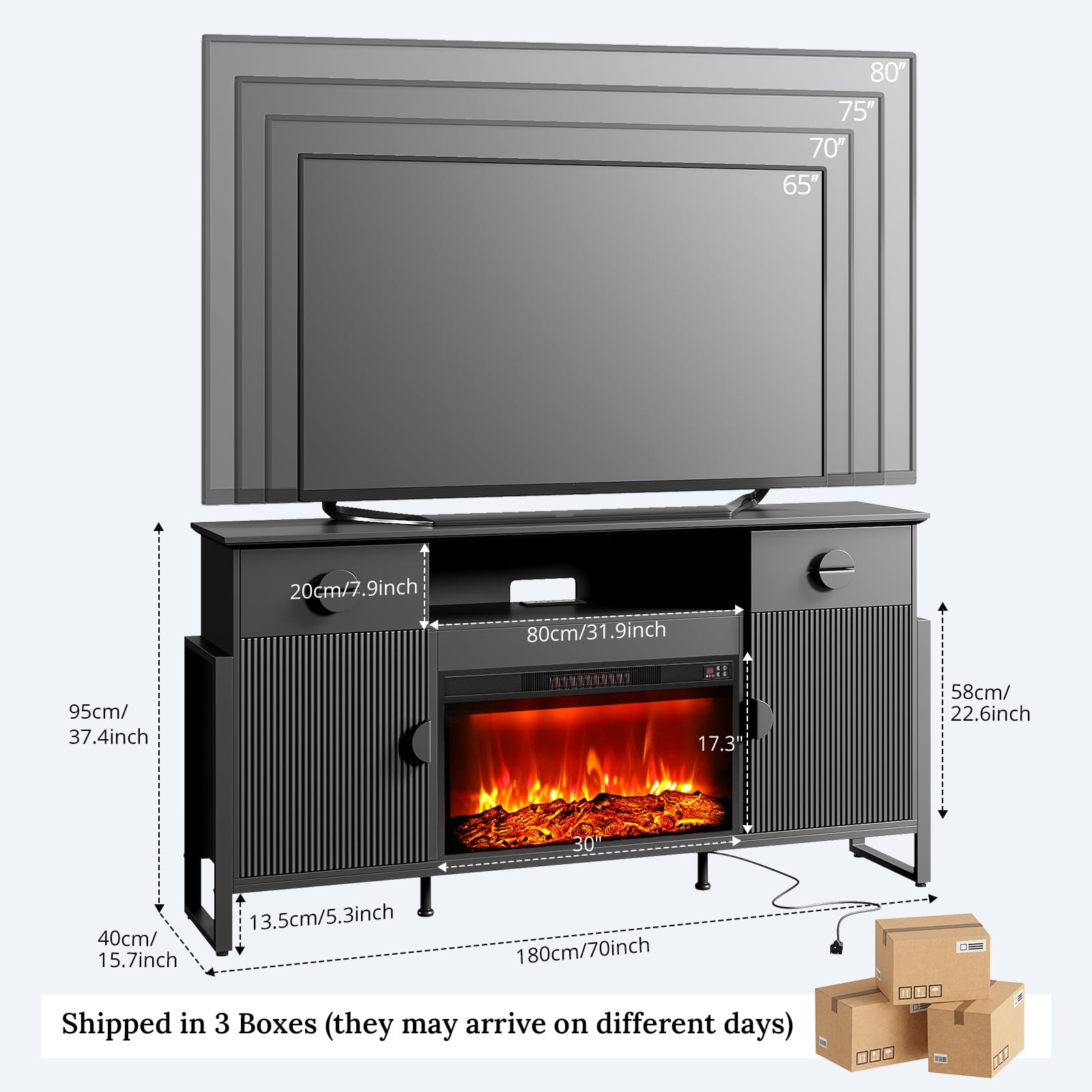 Holliwill 70" TV Stand for TVs up to 80" with 30" Electric Fireplace & Charging Station, Modern Fluted Entertainment Center with Drawers for Living Room, Black