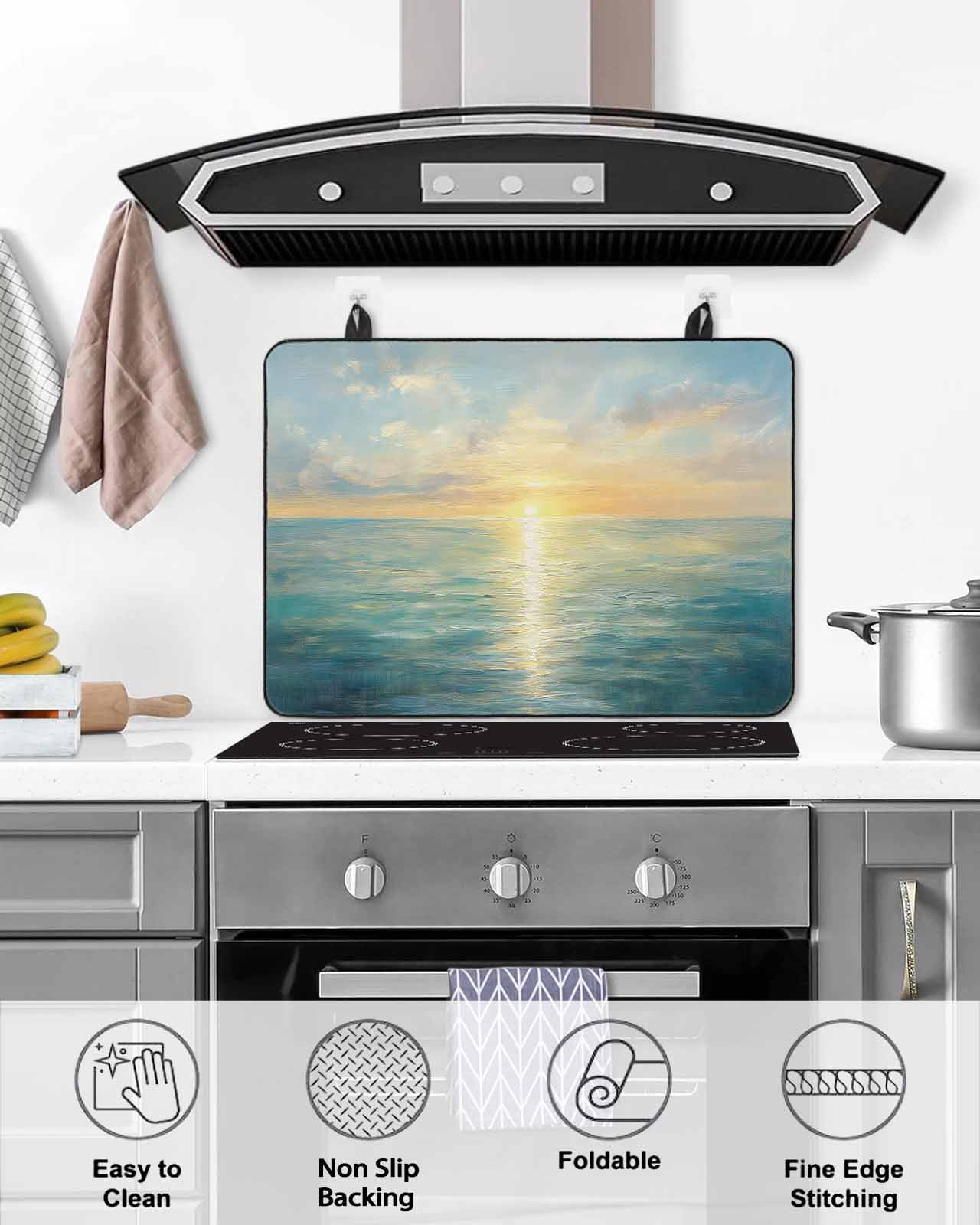 nqOlkjepod Large Induction Cooktop Protector Mat 24"x21", Sunset Ocean Stove Top Covers for Electric Stove, Natural Abstract Sea Oil Painting Art Stove Burner Cover Mats, Glass Top Stove Cover