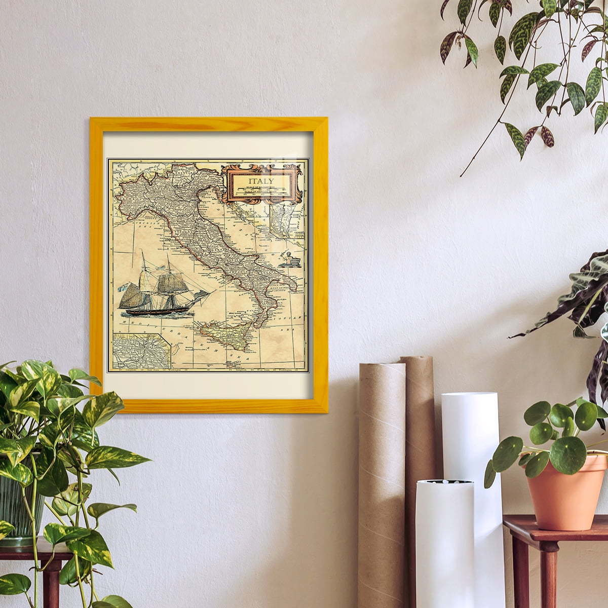 Italy Map -Framed Print w/glass-Sunflower Yellow