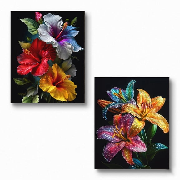 DIYDECORFUN 2-Pack Flower Diamond Painting Kits for Adults, Full Round 30x40cm DIY Hibiscus And Lily Diamond Art Craft Kit for Home Decor Gifts
