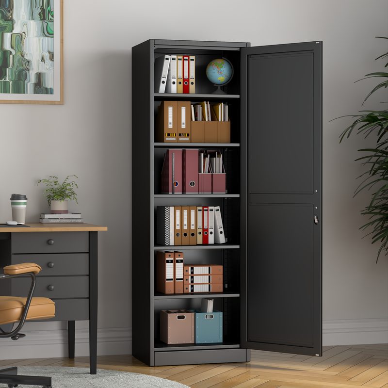 Ero 67" Metal Storage Cabinet with Lock, Tall Narrow Office File Cabinets with 1 Door & 5 Adjustable Shelves