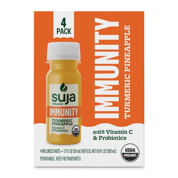 Suja Organic Immunity Turmeric Pineapple Wellness Shots, 1.7 fl oz Bottle, 4-Pack