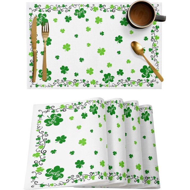 Ensemble de 4 Napperons de la Saint-Patrick, Trèfle Irlandais Vert Résistant à la Chaleur Lavable, Napperons de Table de Salle à Manger Saisonniers pour le Printemps, Décor de Ferme pour Cuisine et Linges de Table Extérieur Intérieur