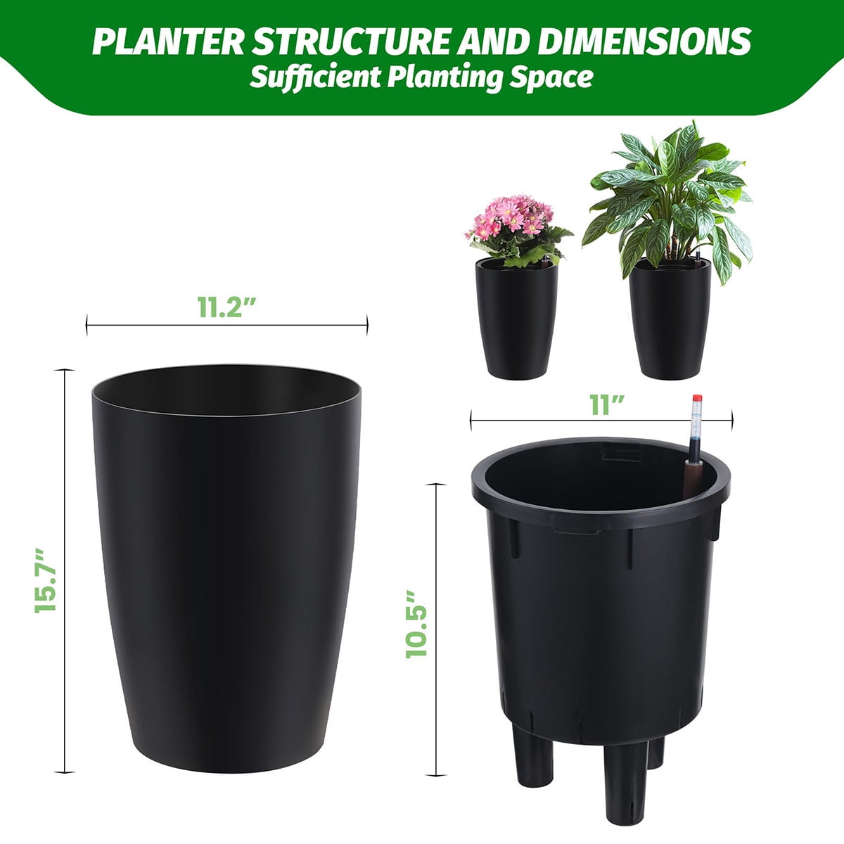 Ataucjin 16 inch Tall Planters Set of 4, Self Watering Pots for Outdoor Plants, Flower Pots with Built-in Drainage and Water Level Monitor, for Patio, Porch, Living Room, or Home Office