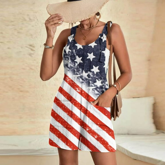 Babysbule Womens Independence Day Suspender Jumpsuits Overalls Wide Leg Casual Printed Outfits Rompers Jumpers Sleeveless Straps With Pockets