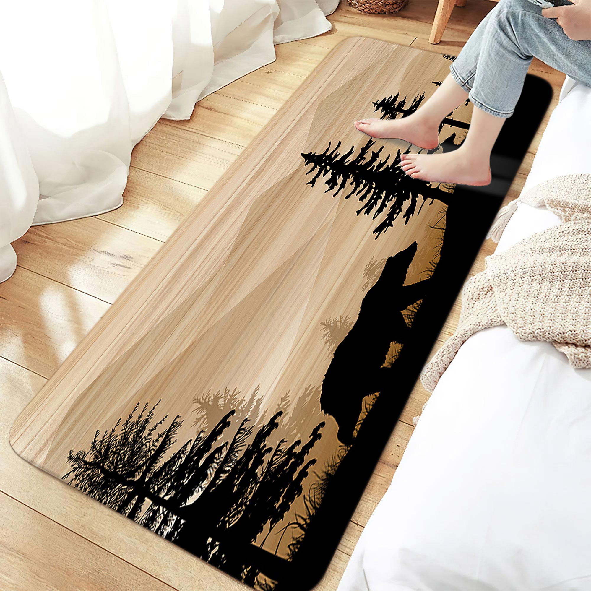 Bear Bathroom Rugs, Farmhouse Country Antique Deer Moose Forest Vintage Wood Decor Non Slip Bath Mats,Hunting Camping Bath Rug Sets for Bathroom Bedroom Kitchen Outdoor Indoor 17X48 Inch, Brown