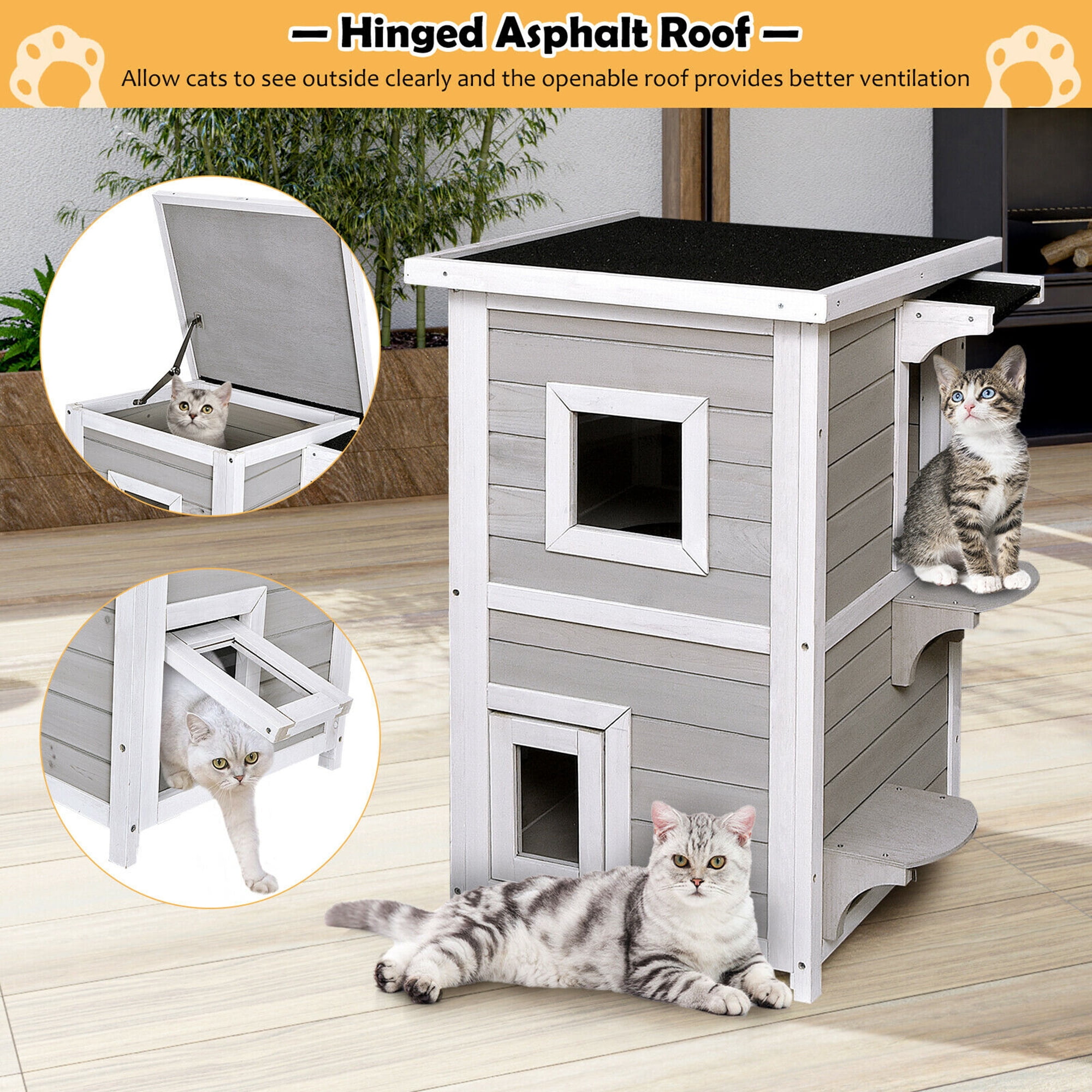 Gymax 2-Tier Wooden Cat House Outdoor Kitty Shelter w/ Escape Door Rainproof