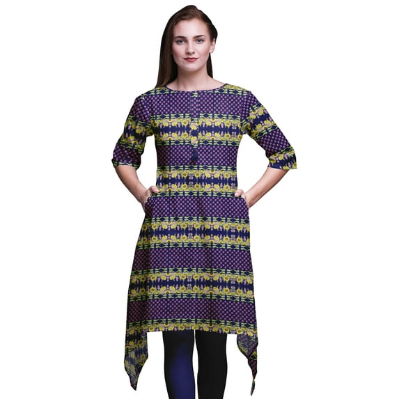 Bimba Blue Sunflower & Pink Flower Floral Women Kurtas Ethnic Printed Asymmetric Summer Wear Tops For Women Medium
