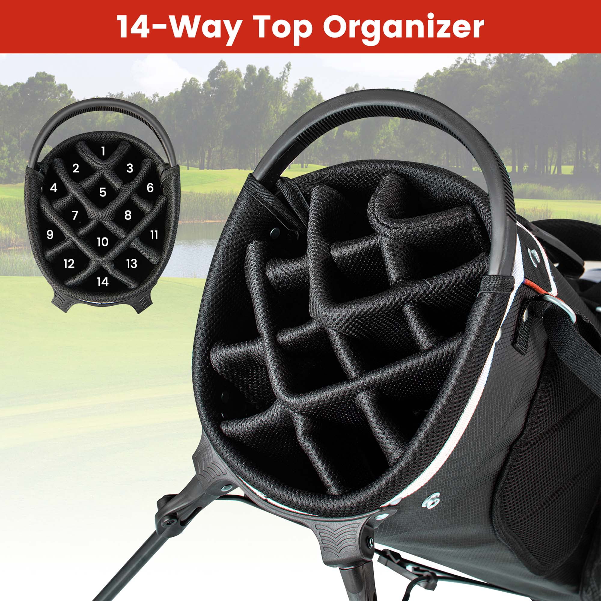 Costway Lightweight Golf Stand Bag with 14 Way Top Dividers 6 Pockets Cooler Bag Rain Hood Red