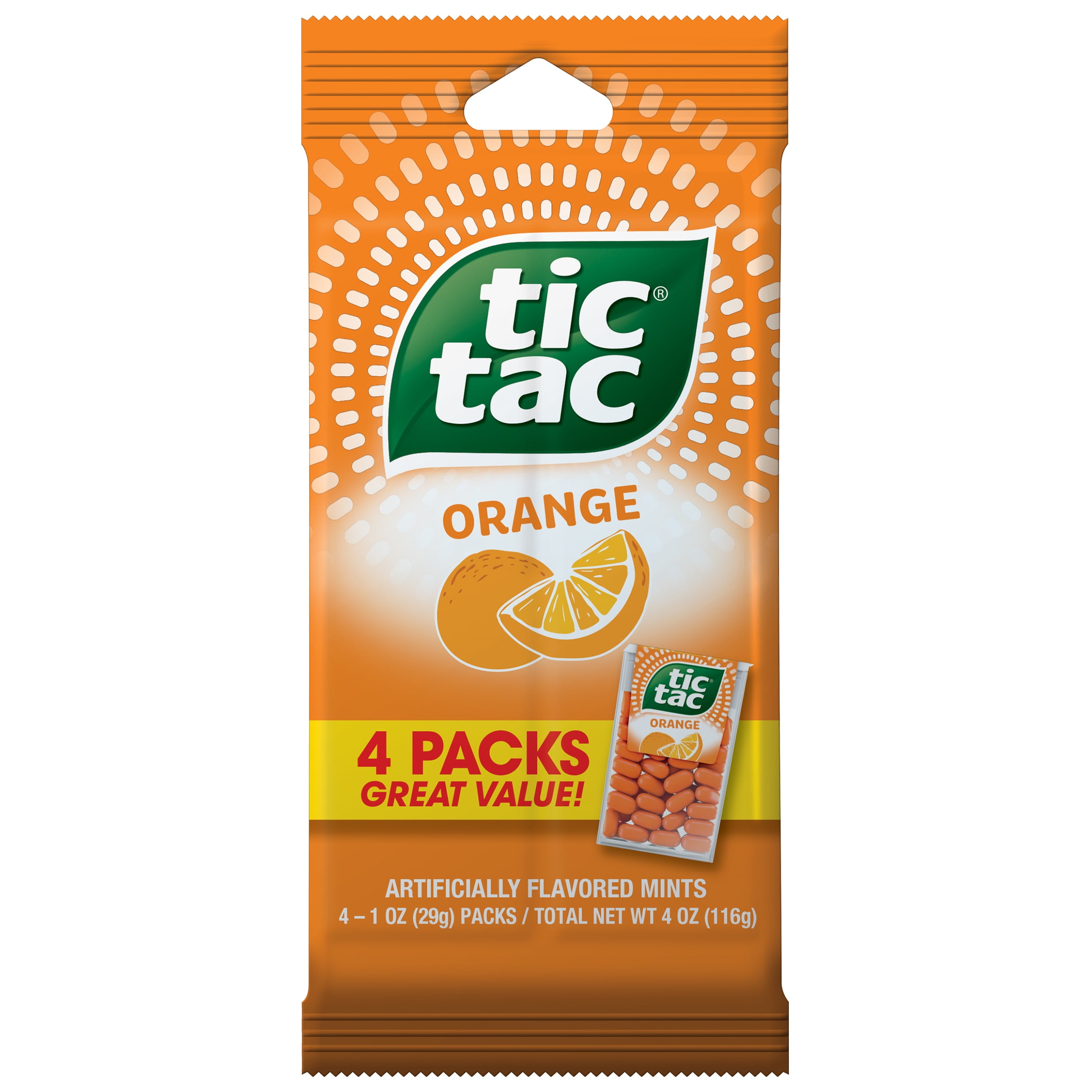 (4 Count) Tic Tac Orange Flavored Mints, On-The-Go Refreshment, Easter Basket Stuffers, 1 oz