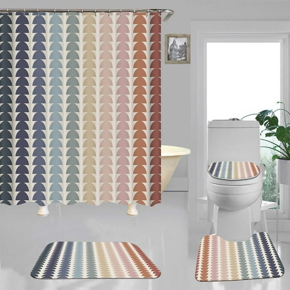 4PCS Vintage Rainbow Boho Shower Curtain Sets with Rugs, Waterproof Fabric Shower Curtain, Colorful Semicircular Geometric Mid Century Minimalist Modern Abstract Kids Neutral Bathroom Decor