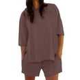 thumbnail image 2 of Women's Shorts Suit Women'S 2 Piece Short Sleeved Top And Elastic Waist Shorts Casual Set,Brown Women's Shorts Suit 2XL, 2 of 8