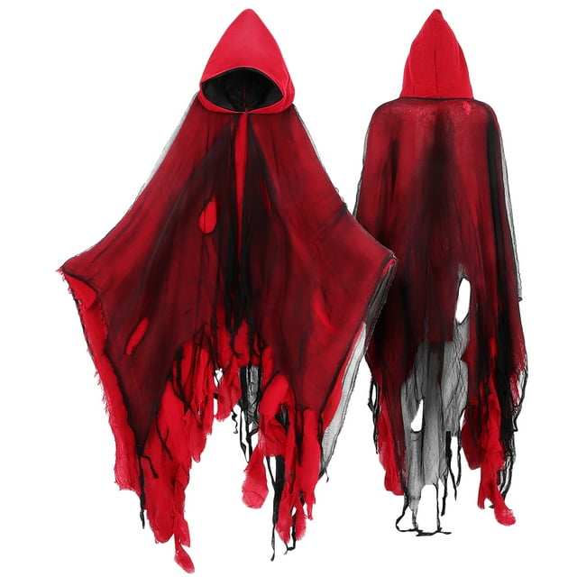 ColoMX Capa de la Parca con capucha: Capa de tela espeluznante, disfraz de Halloween fantasmal y macabro, túnica de caballero sangriento para adultos, accesorios de cosplay, casas embrujadas