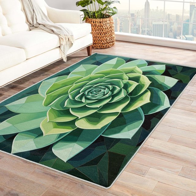 Succulents Rugs for Living Room Bedroom - Green Rug 3x5 - Plant Carpet for Home Decor - Washable Non Slip Patterned Indoor Small Area Rug - Soft & Low Pile (ZL&827)