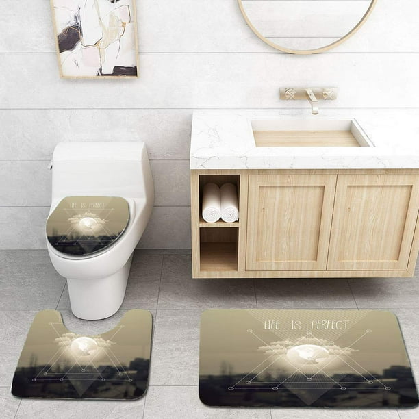 ABPHQTO Indie La vida es perfecta Inspirador Triángulos geométricos Paisaje urbano Nubes Tierra Bronceado Gris pardo oscuro 3 piezas Alfombra de baño Alfombra de contorno y tapa de inodoro