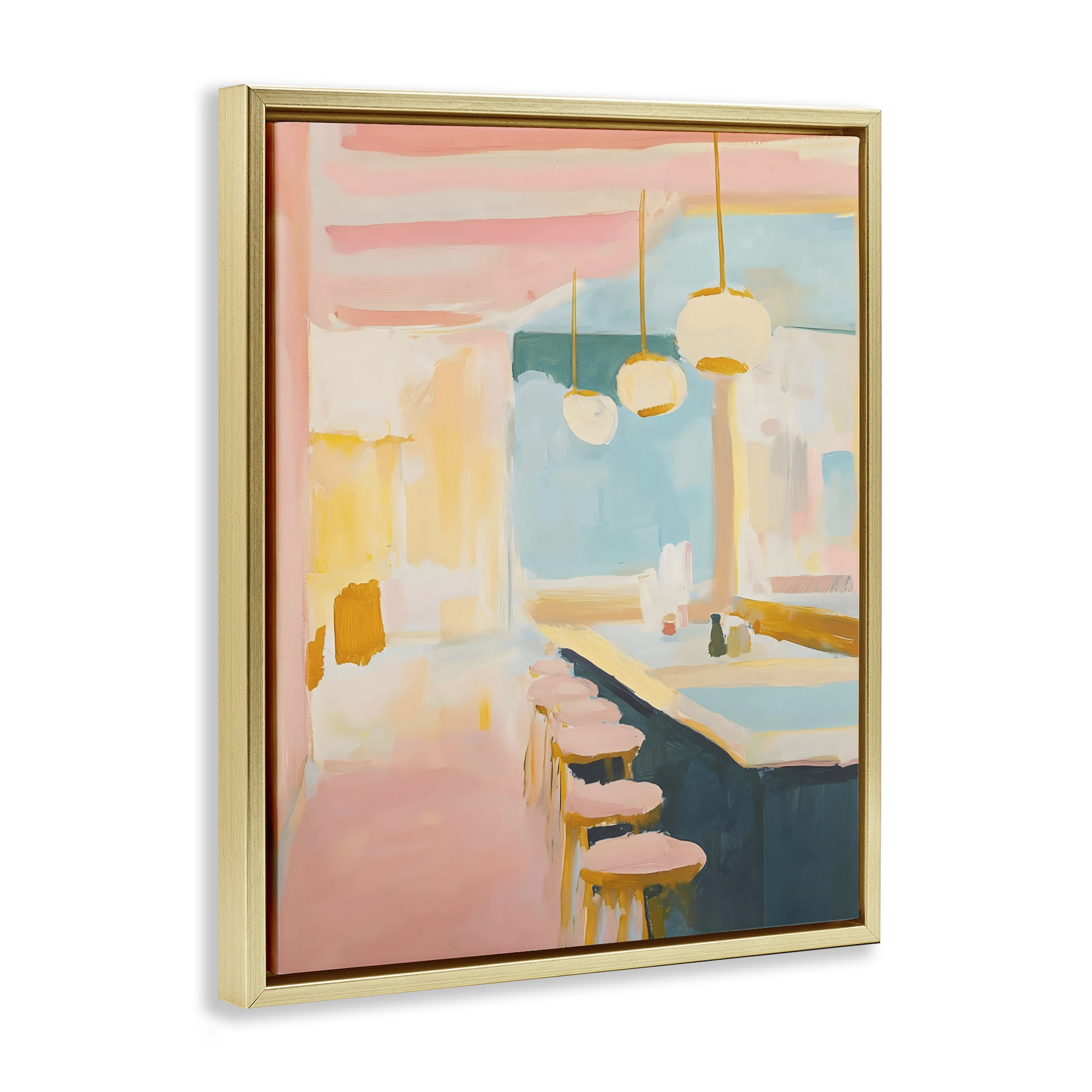 Stupell Industries Pastel Pink Bar Stools Gold Framed Floater Canvas Wall Art, design by The Prints Vibe