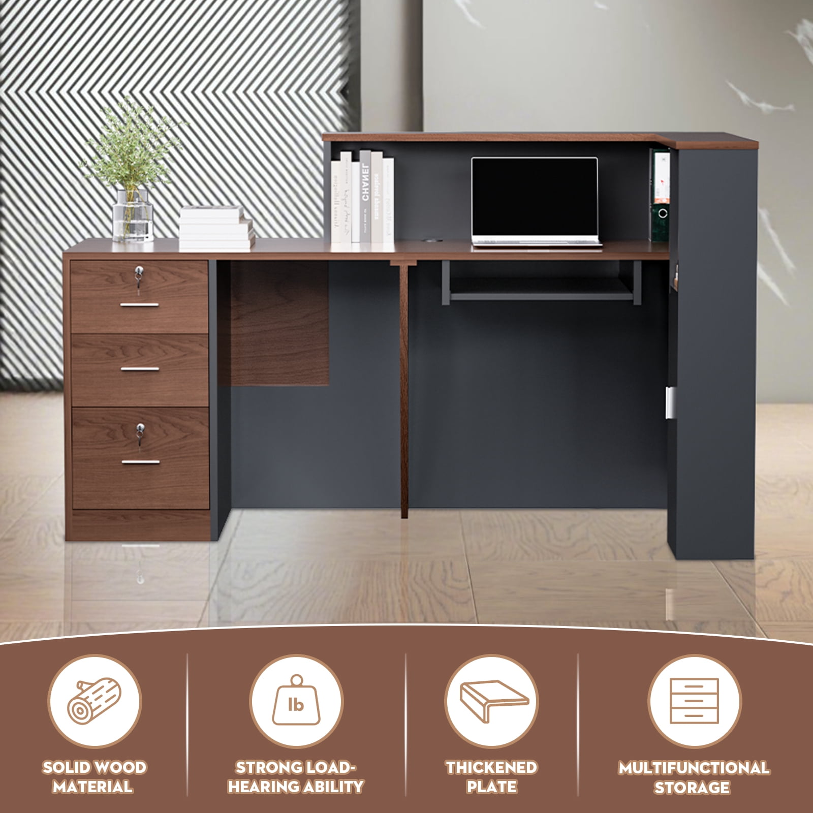 Vakiorn Reception Desk L Shaped Lockable Drawers Keyboard Tray Front Counter Table for Office Salon Lobby Walnut Right 71 inch