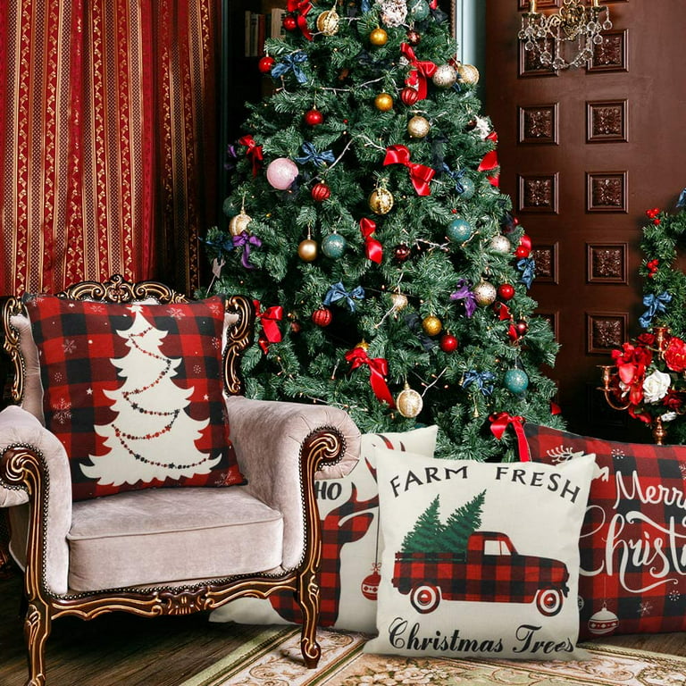 Christmas Decorations Christmas Pillow Covers 18x18 Inches Set of 4  Farmhouse Buffalo Plaid Black and Red Throw Pillow Case Winter Holiday Christmas  Decor Home Sofa Couch Cushion Indoor Decorations 