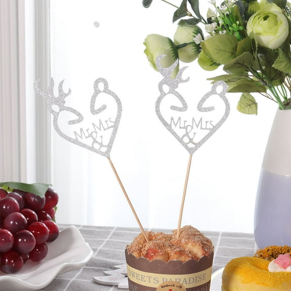 DECORNIJIA glitter cupcake picks Cake Toppers Silver Cupcake Pick Couples Valentine 16PCS