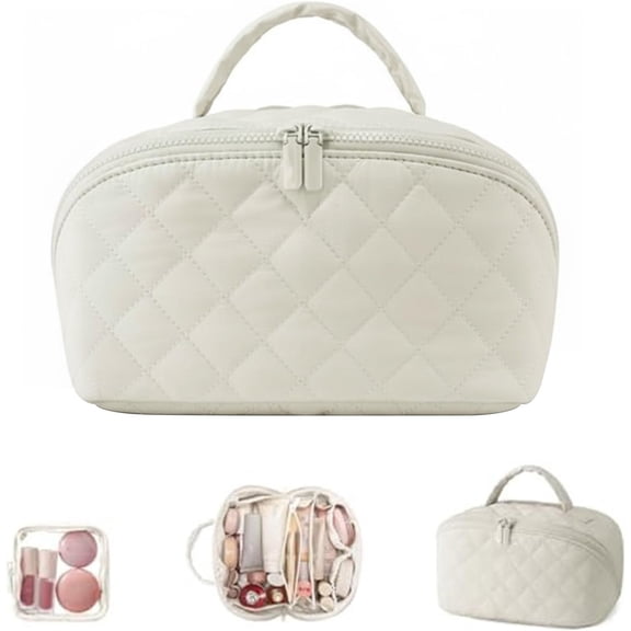 Quilted Makeup Bag,Waterproof,180° flat lay travel bag, women's travel fluffy toiletry bag, large capacity portable design, waterproof storage set