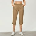 thumbnail image 6 of Ecqkame Women's Capri Pants Summer Straight Solid Color Fold Hem Work Trousers with Pockets Casual High Waist Beach Pants Khaki, 6 of 8