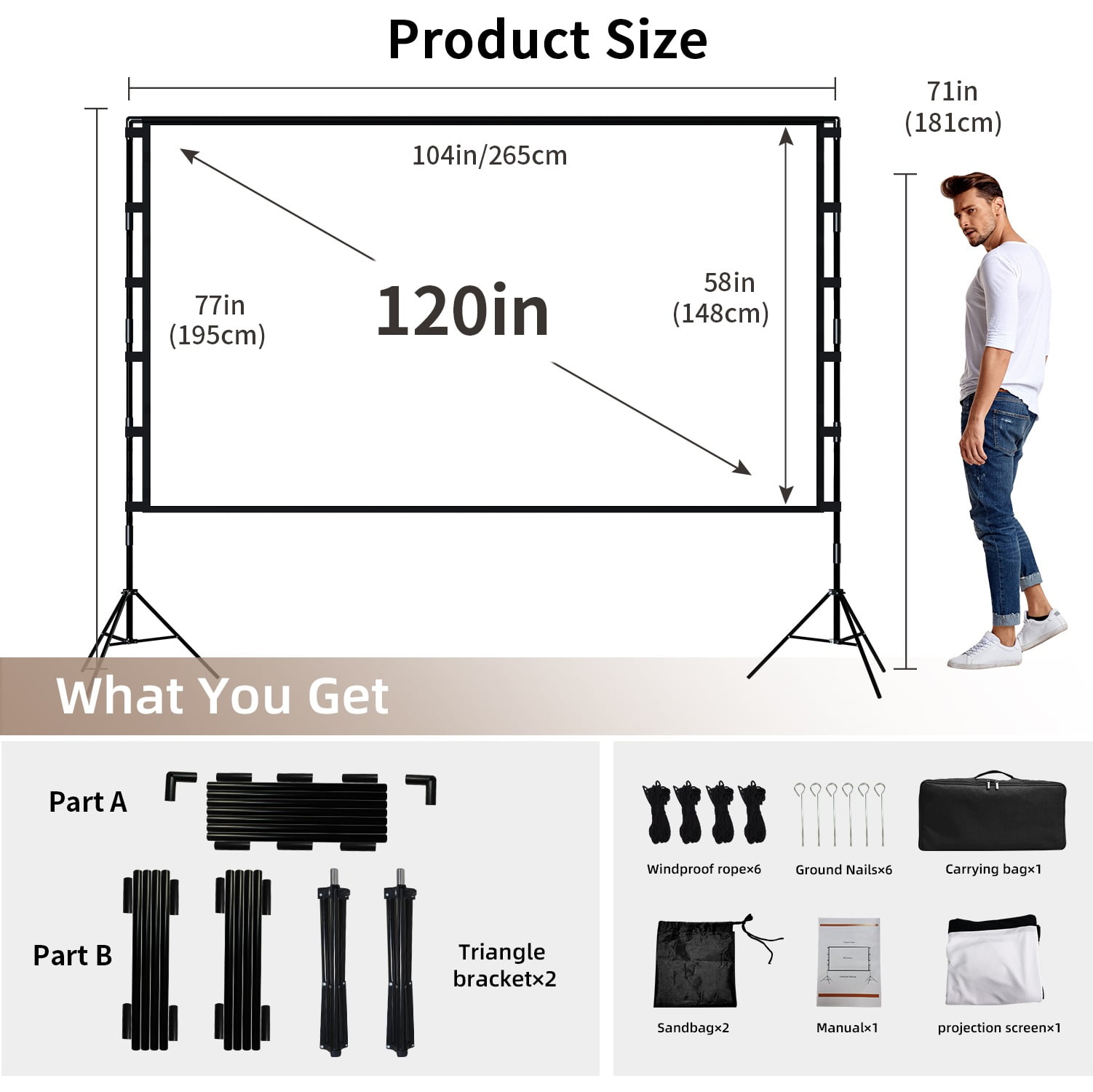 Florascent Projector Screen with Stand,120 inch 16:9 4K HD Portable Projector Movie Screen for Home Theater Outdoor Indoor