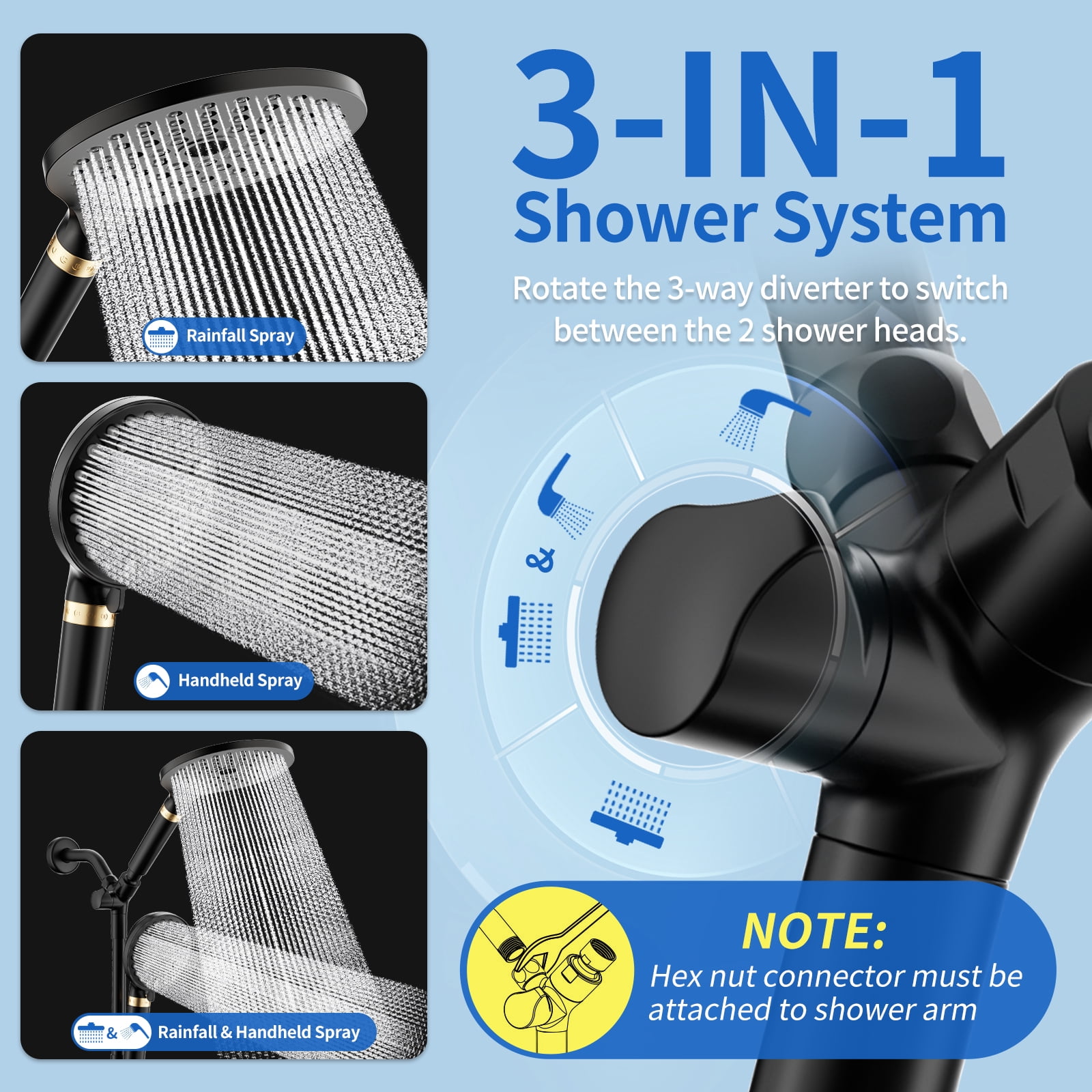 KAIYING Filtered Dual Shower Head System, 9-Mode Rain and Handheld Spray Combo with Adjustable Extension Arm, Mate Black