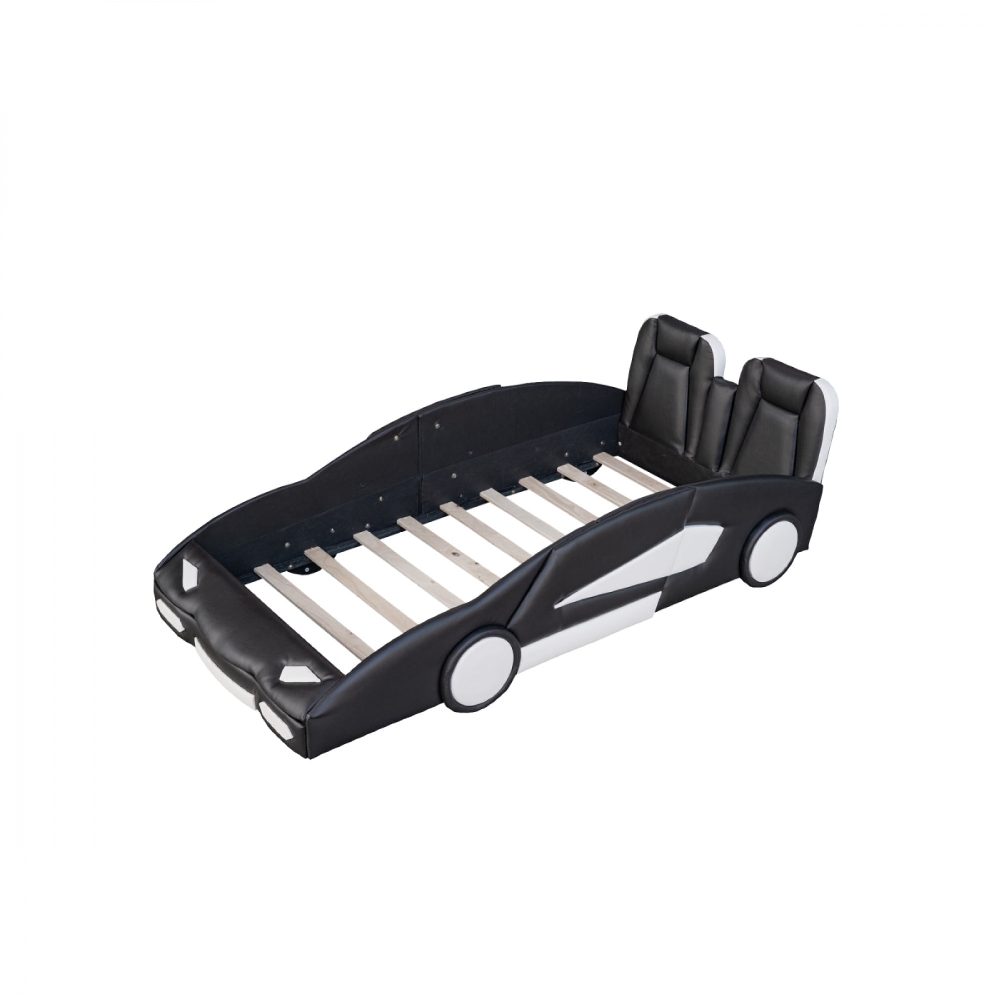 Twin Size Race Car-Shaped Platform Bed with Wheels for Kids, Wooden Bed Frame for Bedroom, No Box Spring Needed,Black