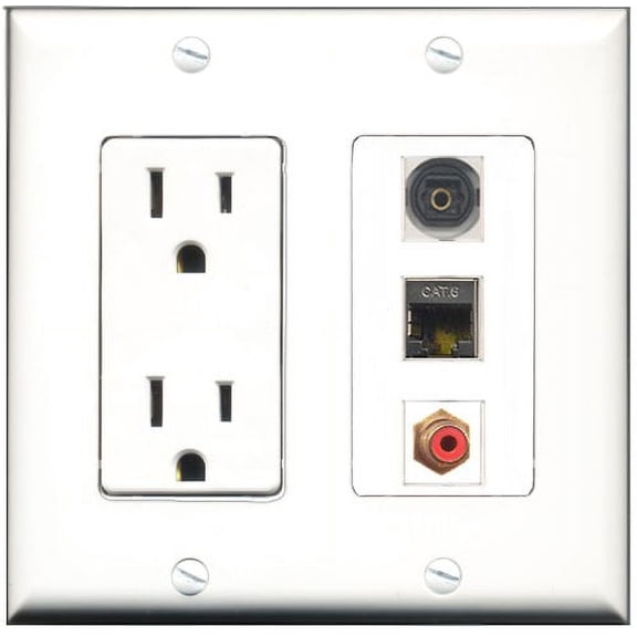 RiteAV - 15 Amp Power Outlet 1 Port RCA Red 1 Port Shielded Cat6 Ethernet Ethernet 1 Port Toslink Decorative Wall Plate