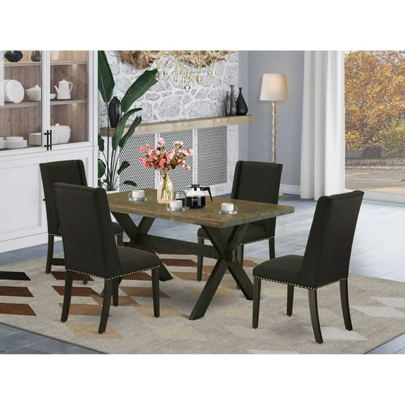 East West Furniture 5-Piece Dining Set Included 4 Dining Chair Upholstered Nail Head Seat and Stylish Chair Back and Rectangular Kitchen Dining Table with Distressed Jacobean Dining Table Top - Black